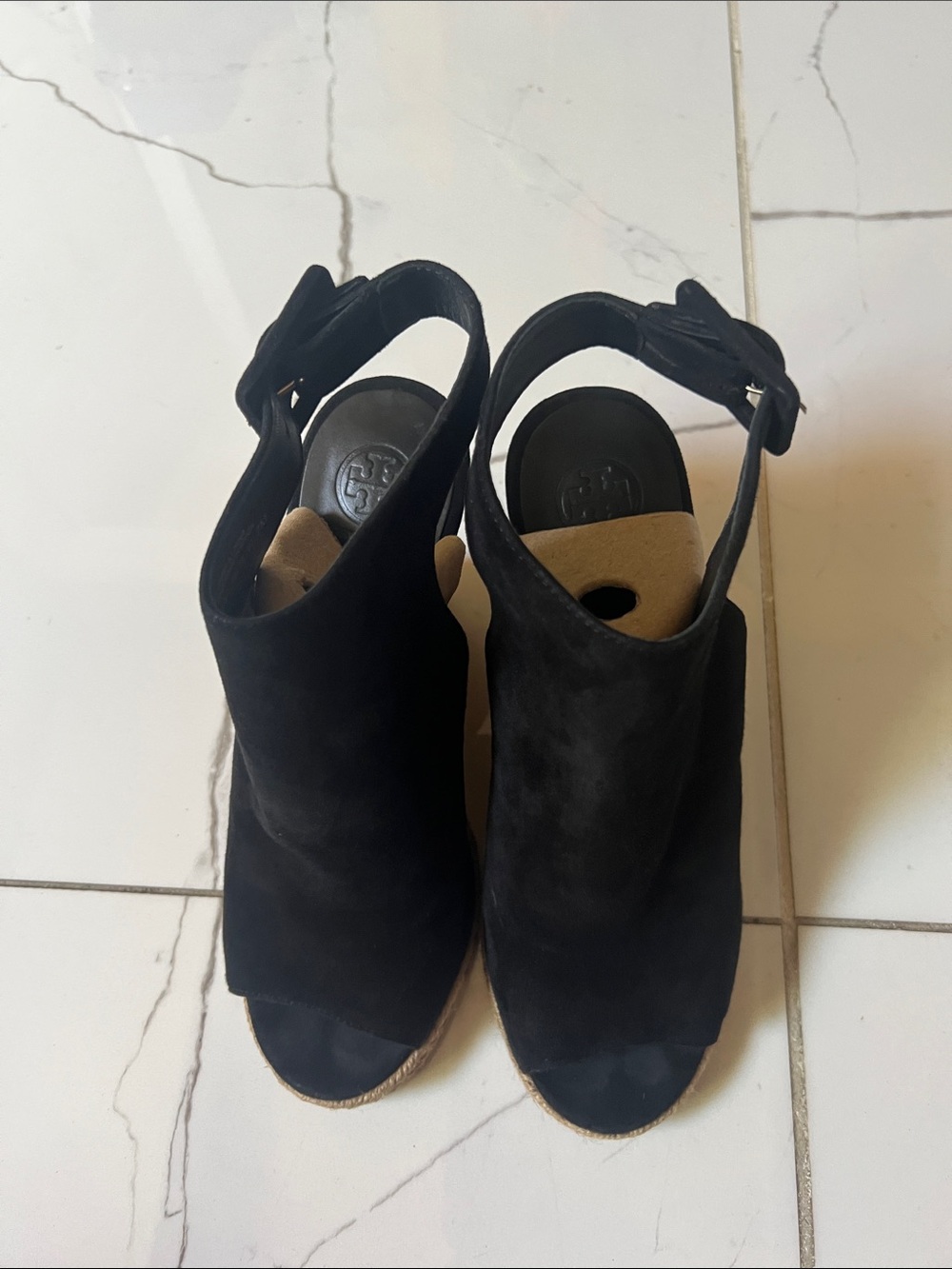 Tory Burch Black Suede Peep-Toe Espadrille Wedge Sandals